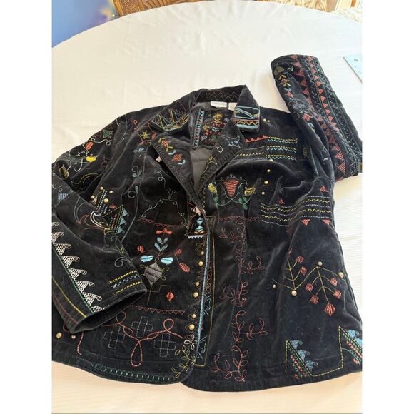 Chico's Black Velvet Jacket Embroidered Lined Boho Southwest Size 2 US Large - Picture 9 of 16